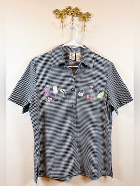 Koret Vintage Black/White Gingham Button-Down Shirt w:Colorful Embroidery. SizeS